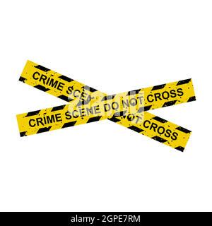 Crime scene tape. Crossed yellow lines with sign 'do not cross'. Forbidden area with restricted access symbol. Vector design isolated on white background. Stock Vector