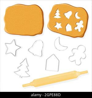 Set of gingerbread dough, cookie cutters and rolling pin isolated on white. Vector illustration flat. Stock Vector