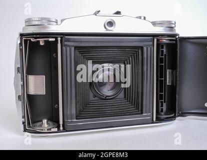 Agfa Isolette II, classic medium format 6x6 folding camera from the 1950s with Apotar 1:4.5 85mm lens and Pronto shutter, back view