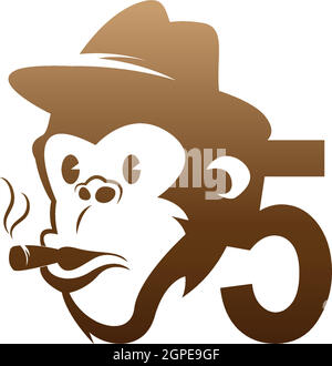 Monkey head icon logo with number 5 template design Stock Vector