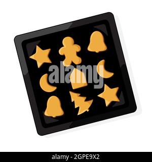 Oven tray with Christmas gingerbread cookies isolated on white. Vector illustration flat. Stock Vector