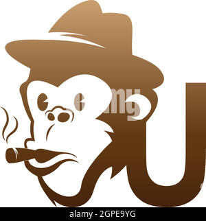 Monkey head icon logo with letter U template design Stock Vector