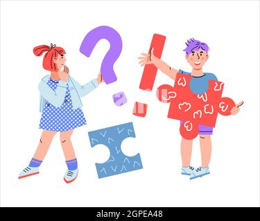 Children asking and getting answers. Confused girl having question and cheerful boy got an answer, flat cartoon vector illustration isolated on white Stock Vector