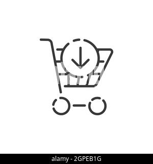 Shopping cart thin line icon. Down arrow. Outline commerce vector illustration Stock Vector