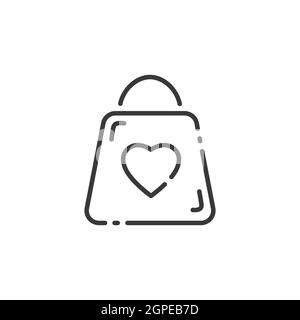 Shopping bag thin line icon. Heart symbol. Outline commerce vector illustration Stock Vector