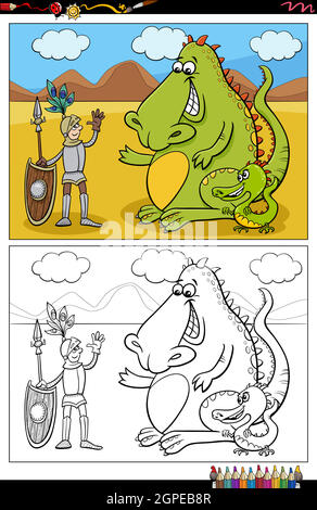 cartoon knight and dragons coloring book page Stock Vector