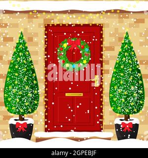 Entrance to the suburban house, door decorated with a Christmas wreath, ornaments. Lights garland and trees in pots. Vector illustration flat. Stock Vector