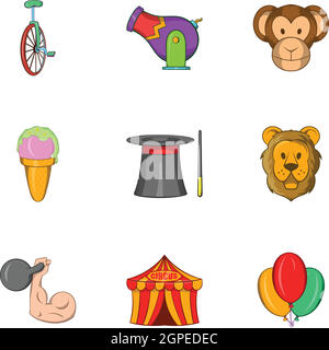Circus performance icons set, cartoon style Stock Vector