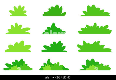 Simple bush set in green color. Flat vector design in minimalistic cartoon style. Garden bushes collection isolated on white background. Stock Vector