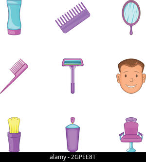 Barbershop icons set, cartoon style Stock Vector