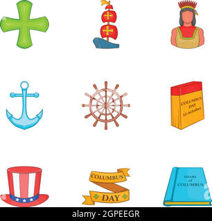 Columbus Day icons set, cartoon style Stock Vector