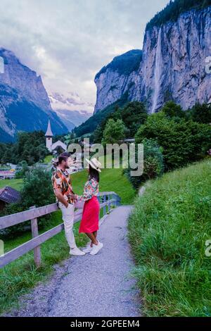 Lauterbrunnen valley, the village of Lauterbrunnen, the Staubbach Fall, and the Lauterbrunnen Wall in Swiss Alps, Switzerland. Europe Lauterbrunnen valley Stock Photo