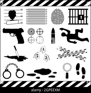 Crime icon set. Murder symbol collection. Criminal illustrations isolated on white background. Contains  murderer investigation, crime scene and outlaw elements. Stock Vector