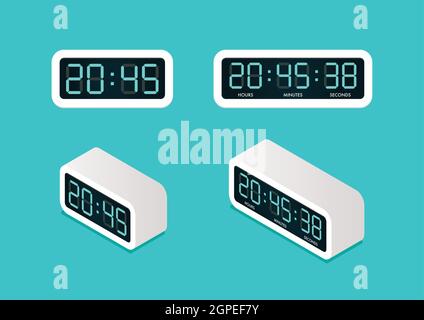 Digital alarm clock Front and Isometric view. Vector illustration Stock Vector