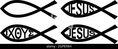 Christian Ichthys symbol. Two black arcs resembling fish. Version without text, with greek letters I CH TH Y S (standing for Jesus Christ, Son of God, Saviour) and word Jesus inside. Stock Vector