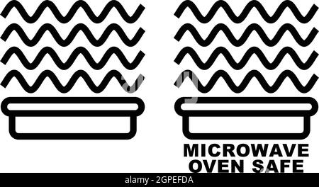 Microwave safe container icon. Simple black lines food container drawing with sinus waves above. Graphic symbol only and also version with text. Stock Vector