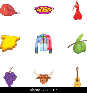 Country Spain icons set, cartoon style Stock Vector