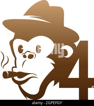 Monkey head icon logo with number 4 template design Stock Vector