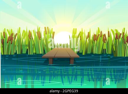 Pier for fishing on coast of river or lake. Wild pond. Summer landscape. Morning sky with rays of the rising sun. Water flow and shallow waves. Illust Stock Vector