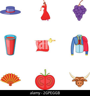 Tourism in Spain icons set, cartoon style Stock Vector