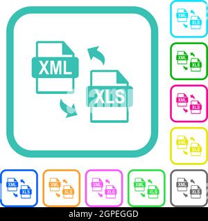 XML XLS file conversion vivid colored flat icons in curved borders on white background Stock Vector