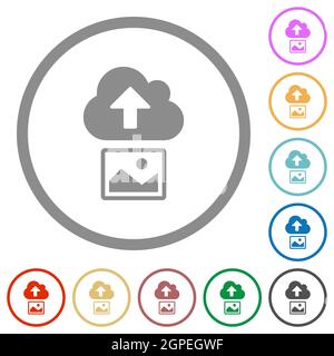Upload image to cloud solid flat color icons in round outlines on white background Stock Vector