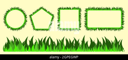 Grass frame set. Lawn border collection in different shapes. Green foliage blades design in line, square, rectangle and circle backgrounds. Vector illustration with copy space. Stock Vector