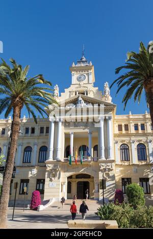 19th century baroque style Town Hall building.  Malaga, Costa del Sol, Malaga Province, Andalusia, southern Spain. Stock Photo