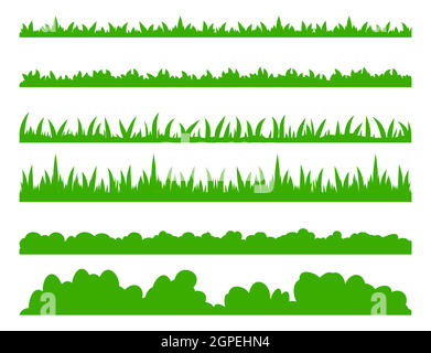 Grass set. Simple green lawn border collection. Spring or summer foliage field great for meadow or garden design. Vector flat illustration isolated on white background. Stock Vector