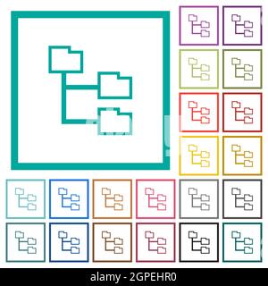 Folder structure outline flat color icons with quadrant frames on white background Stock Vector