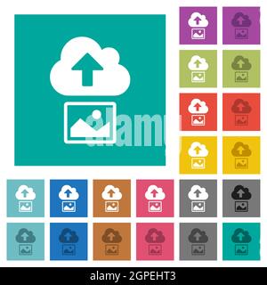 Upload image to cloud solid multi colored flat icons on plain square backgrounds. Included white and darker icon variations for hover or active effect Stock Vector