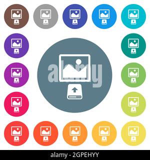 Upload image from hard disk flat white icons on round color backgrounds. 17 background color variations are included. Stock Vector