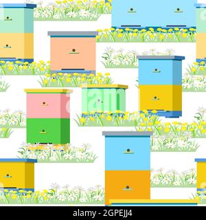 Apiary with bees and hives. In the meadow with grass and blooming daisies and dandelions. Seamless pattern. Isolated on white background. Vector. Stock Vector