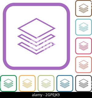 Layers outline simple icons in color rounded square frames on white background Stock Vector