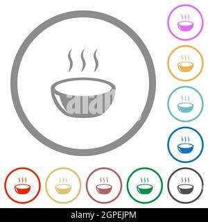 Glossy steaming bowl flat color icons in round outlines on white background Stock Vector