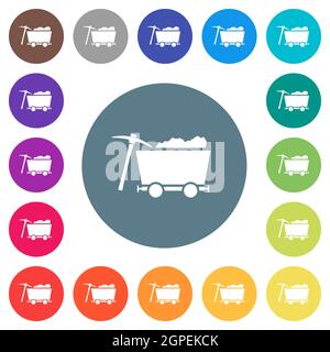 Loaded mine cart and pickaxe flat white icons on round color backgrounds. 17 background color variations are included. Stock Vector