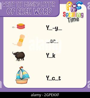 Write the missing letter of each word worksheet for children illustration Stock Vector