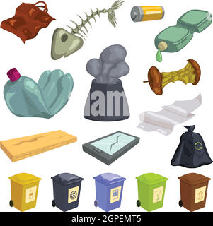 Garbage icons set, cartoon style Stock Vector