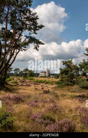 The 'Kootwijker sand' nature reserve with beautiful heather fields and the old radio station 'radio Kootwijk' that was in use in the early 20th centur Stock Photo