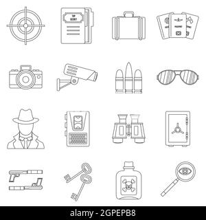 Spy tools icons set, outline style Stock Vector