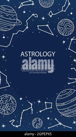 Vector poster with planets and constellations. Astrological background. A template with space for text. Stock Vector