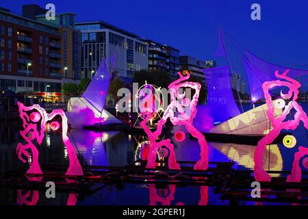 DUBLIN, IRELAND - Oct 27, 2019: The Night Watch, sound and visual installation floating on the water in Grand Canal Dock. The Bram Stocker Festival in Stock Photo