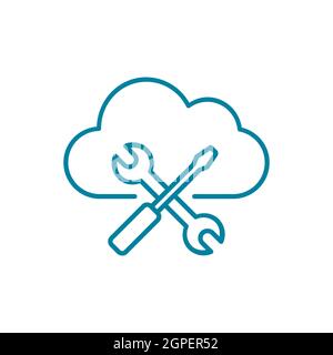 Cloud network maintenance line icon. Wrench and screwdriver with cloud symbol. Repair internet tools. Customer support. Backup data settings. Vector Stock Vector