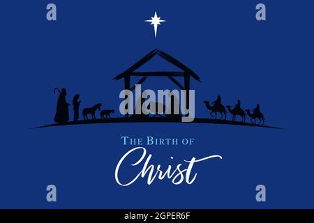 Nativity scene blue silhouette Jesus in manger, shepherd and wise men. Christmas story Mary Joseph and baby Jesus. The birth of Christ with Bethlehem Stock Vector