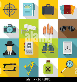 Spy tools icons set, flat style Stock Vector