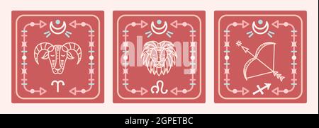 A set of vector maps with fiery zodiac signs. Astrological cards. Stock Vector