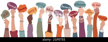 Raised arms and hands of multi-ethnic people from different nations and continents holding speech bubbles with text -Welcome- international languages Stock Vector