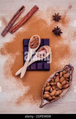 Brown chocolate powder in spoon , Roasted cocoa beans in the dry cocoa pod fruit and dark chocolate setup on wooden background. Stock Photo