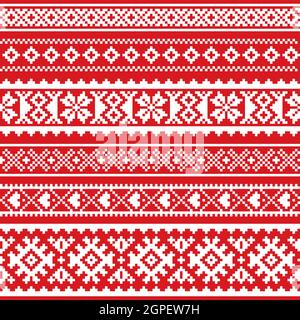Sami vector seamless pattern, Lapland folk art, traditional knitting and embroidery design in white on red background Stock Vector