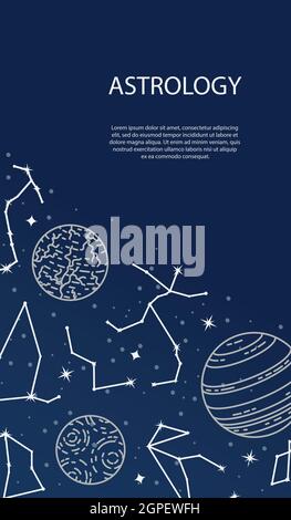 Vector poster with planets and constellations. Astrological background. A template with space for text. Stock Vector